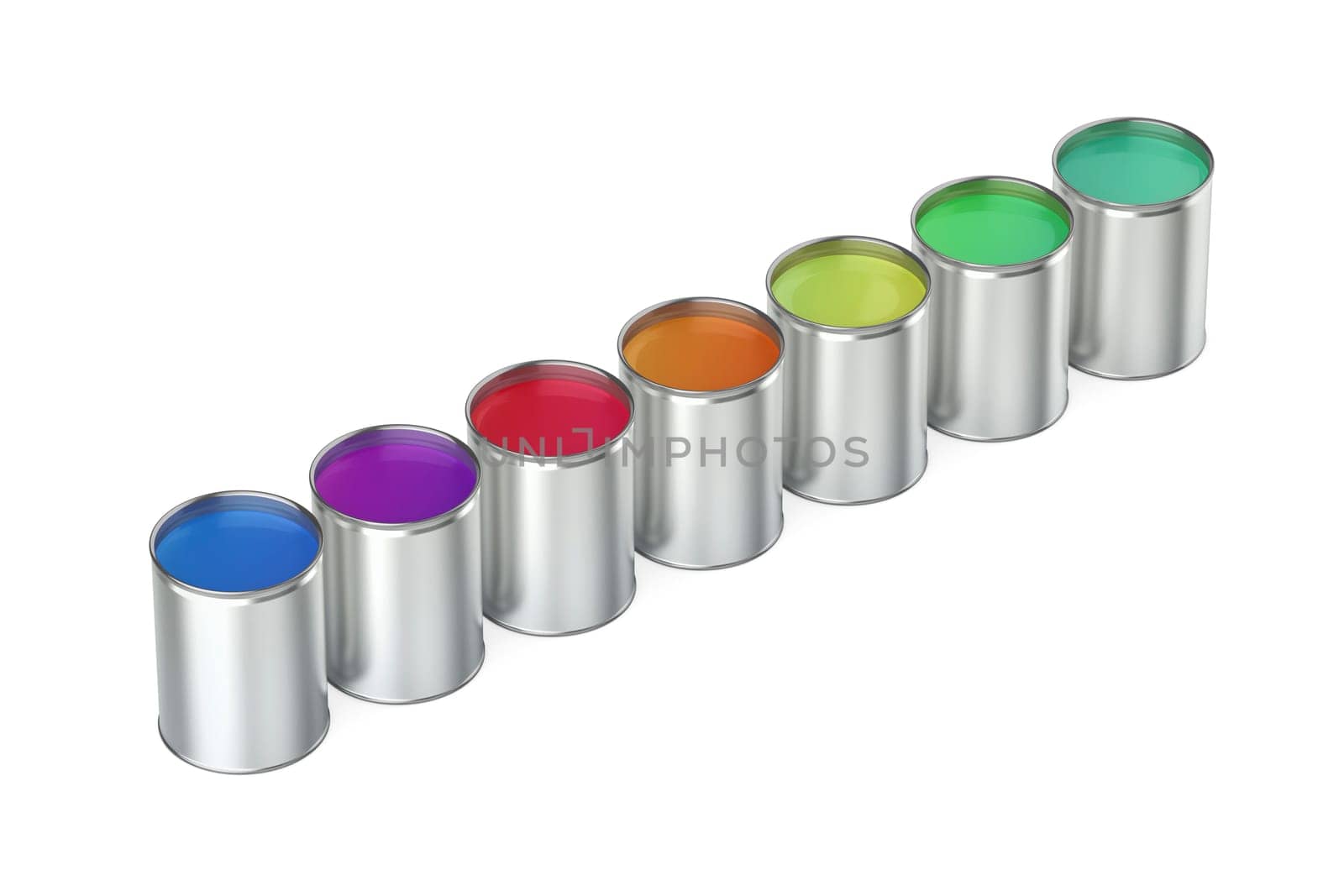 Row with seven paint cans with different colors