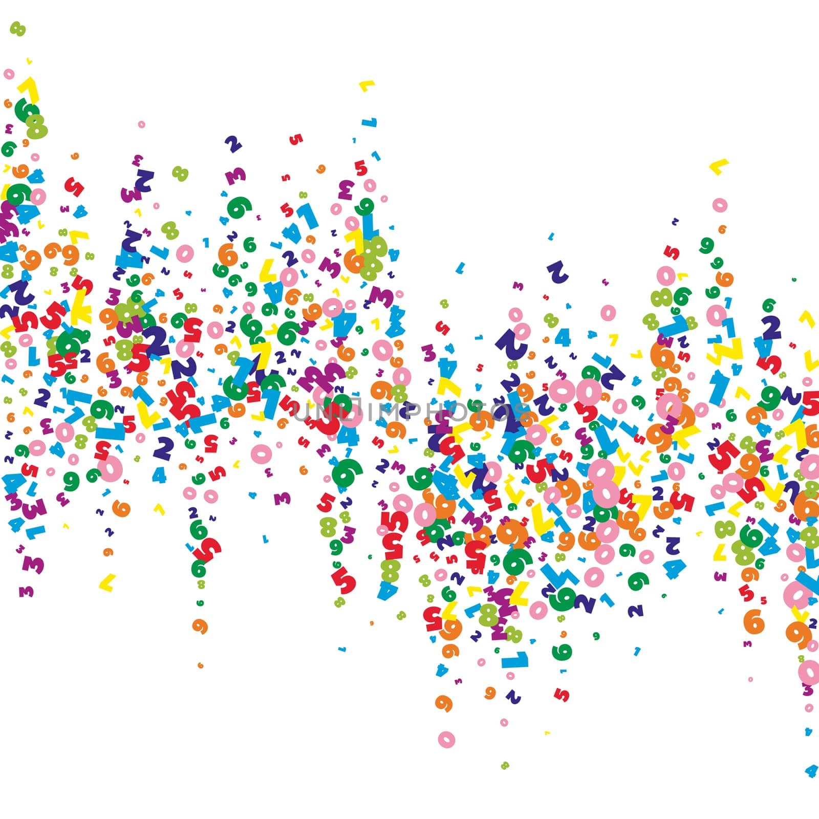 Falling vivid numbers. Math study concept with flying digits. Resplendent back to school mathematics banner on white background. Falling numbers illustration.