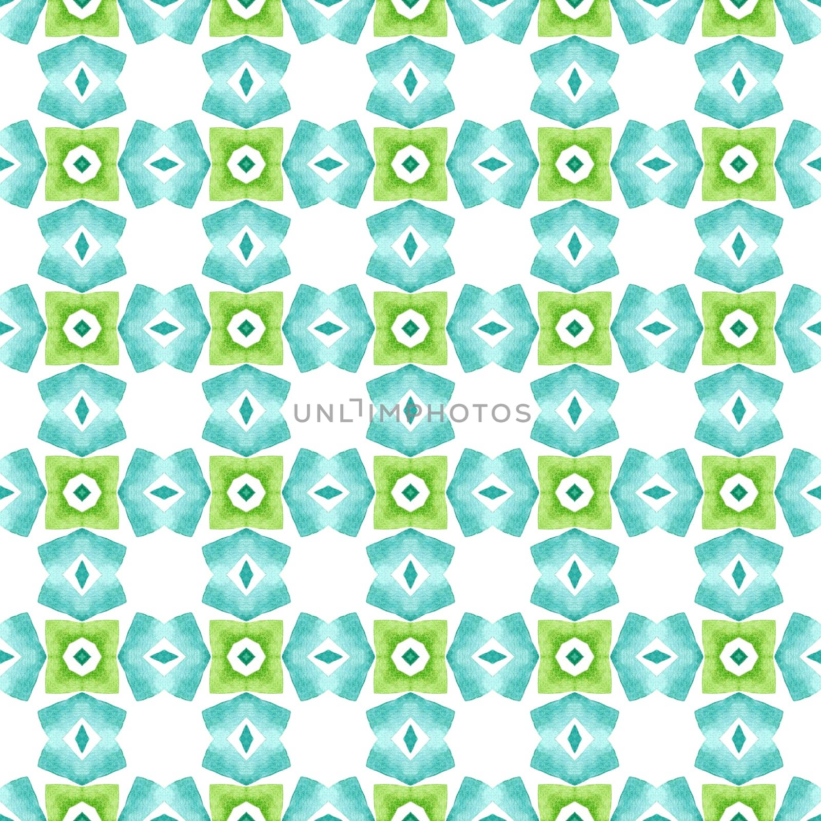 Hand painted tiled watercolor border. Green classic boho chic summer design. Textile ready radiant print, swimwear fabric, wallpaper, wrapping. Tiled watercolor background.