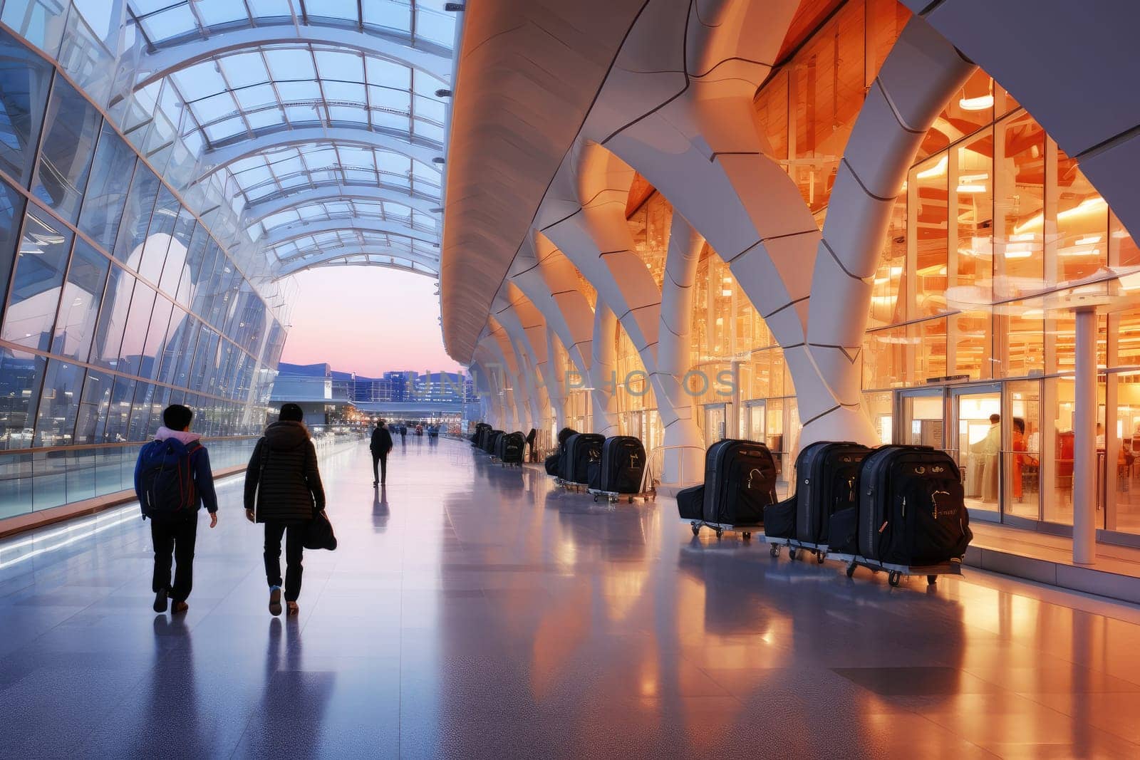 Vacation and travel. woman looking at plane , standing near the airport window, holding luggage. AI Generated