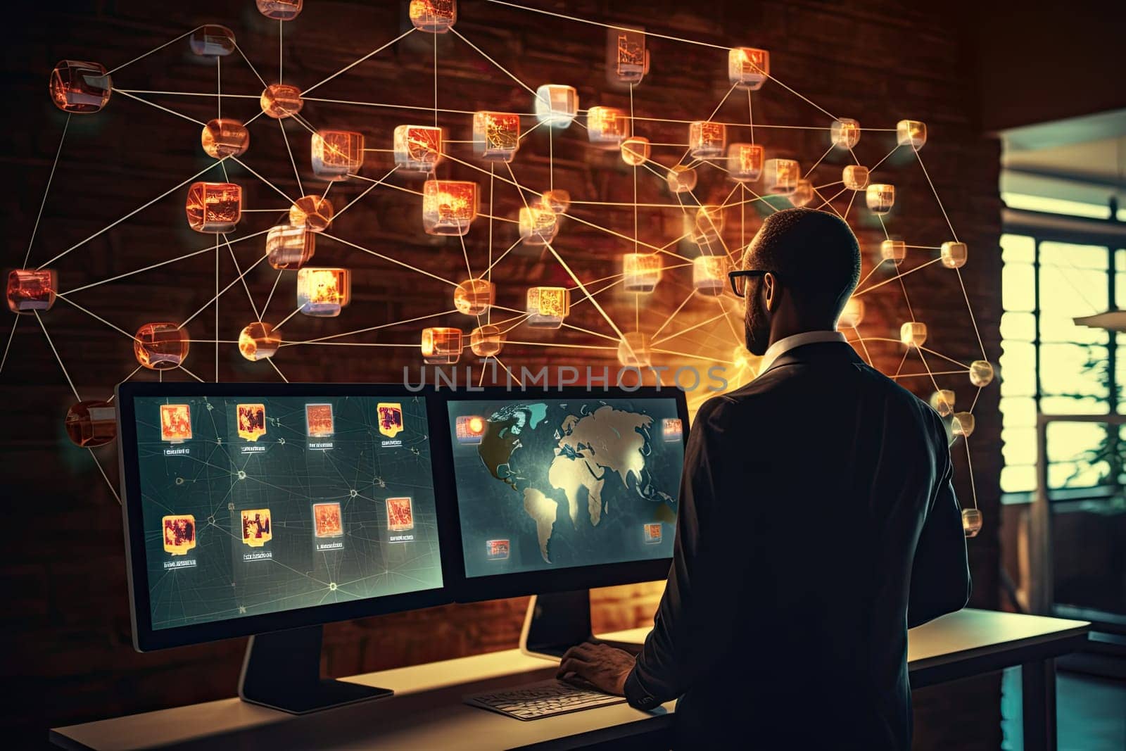 Data base and coding concept with businessman back looking at digital screen with interconnected nodes layout.