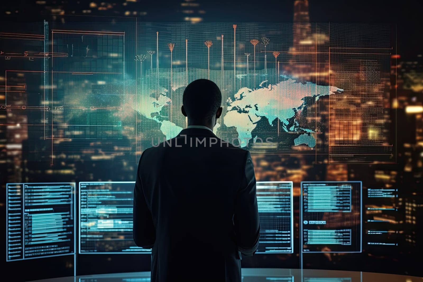 Back view of young afro american businessman standing on city night background with digital glowing world map. Global business and AI concept by papatonic