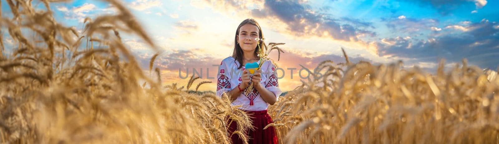 Child in a field of wheat with the flag of Ukraine. Selective focus. by yanadjana