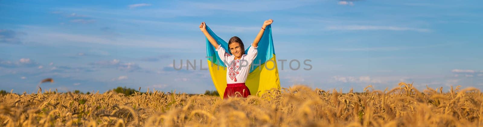 Child in a field of wheat with the flag of Ukraine. Selective focus. by yanadjana