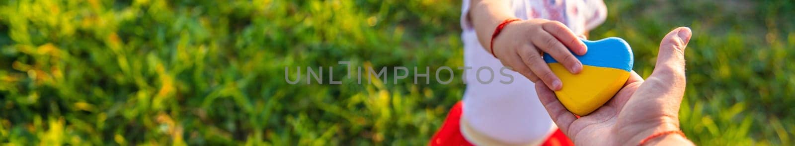 Child in a field of wheat with the flag of Ukraine. Selective focus. by yanadjana