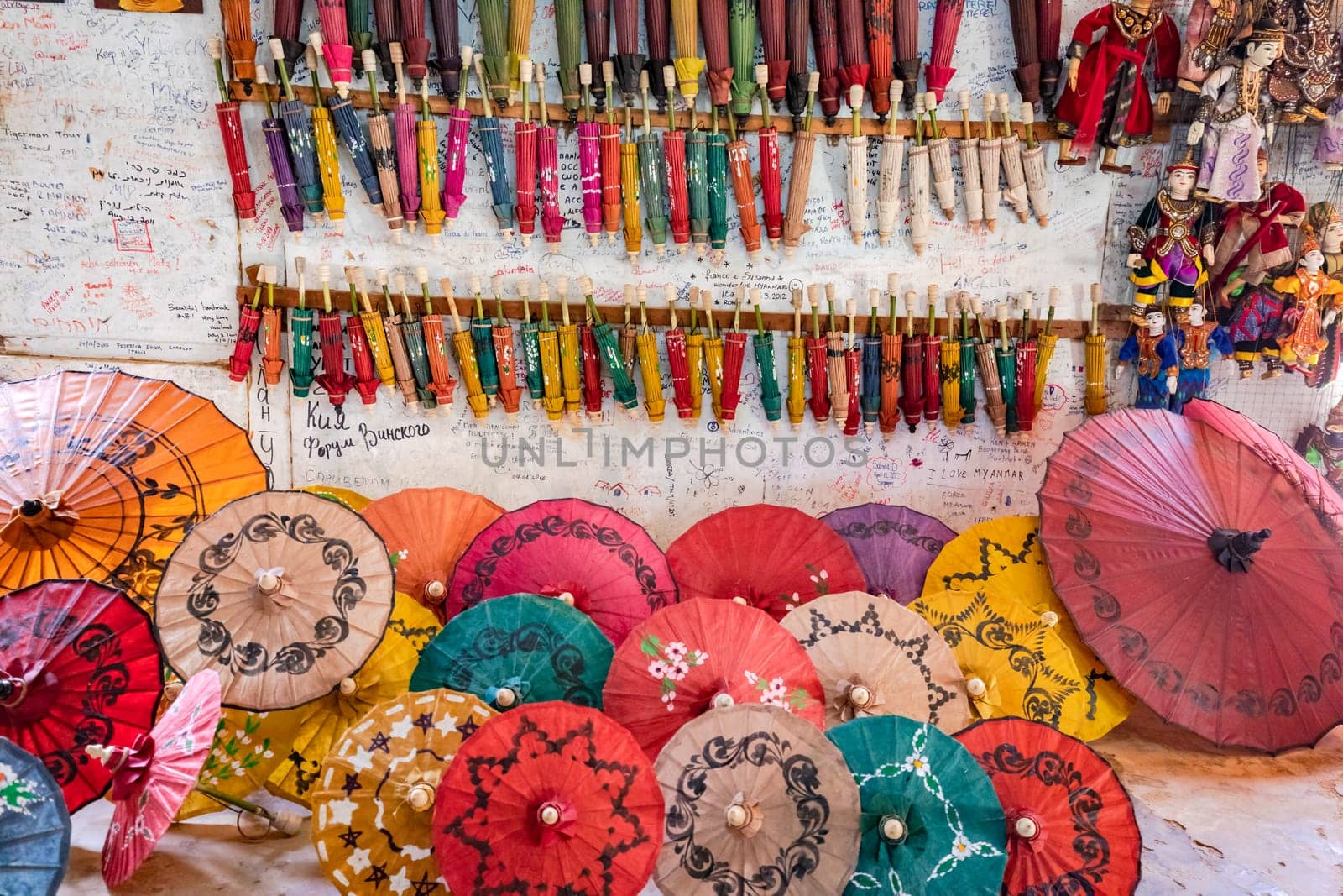 Exhibition of handmade paper parasols in a small handicraft manufactory in Pindaya, Myanmar, Asia