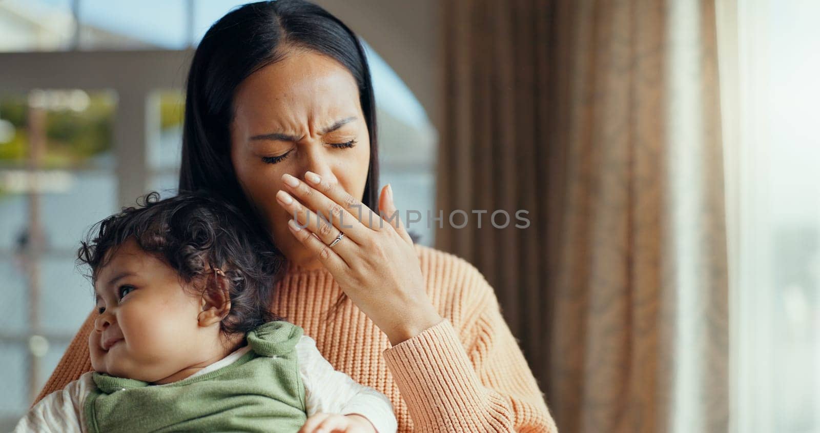 Family, yawn and tired mother with baby for bonding, quality time and relaxing together at home. New born, motherhood and exhausted mom carry young infant for care, support and affection in bedroom.