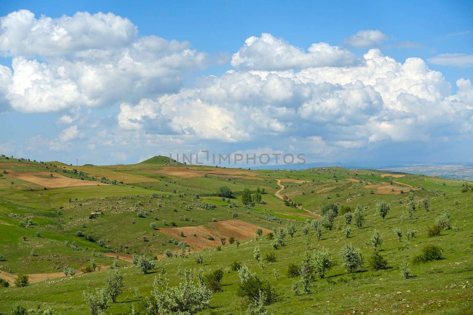 cloudy sky and green landscape, wonderful spring views, green field and hill plateau view,