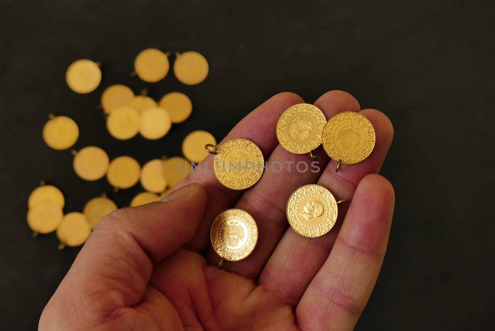 quarter gold on black background, turkish quarter gold, close-up quarter gold, gold market, by nhatipoglu