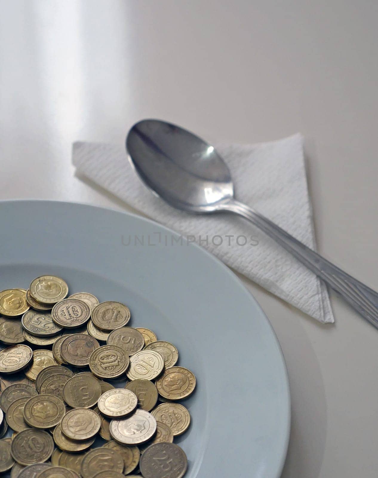 spend money,eating large amounts of coins and spoons,money on a dinner plate, a spoonful of turkish lira, coins in a plate