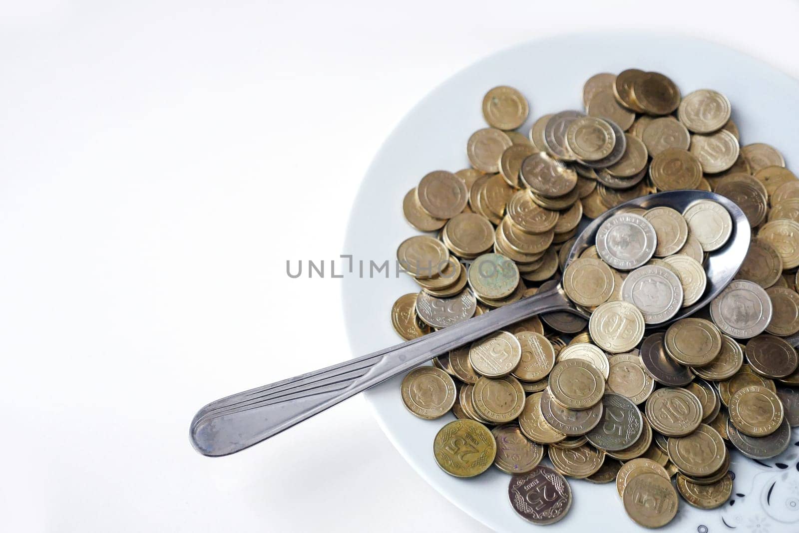 spend money,eating large amounts of coins and spoons,money on a dinner plate, a spoonful of turkish lira, coins in a plate by nhatipoglu