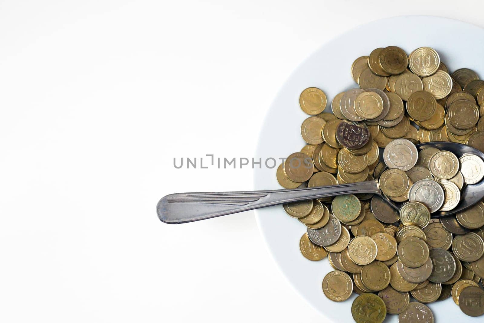 spend money,eating large amounts of coins and spoons,money on a dinner plate, a spoonful of turkish lira, coins in a plate by nhatipoglu