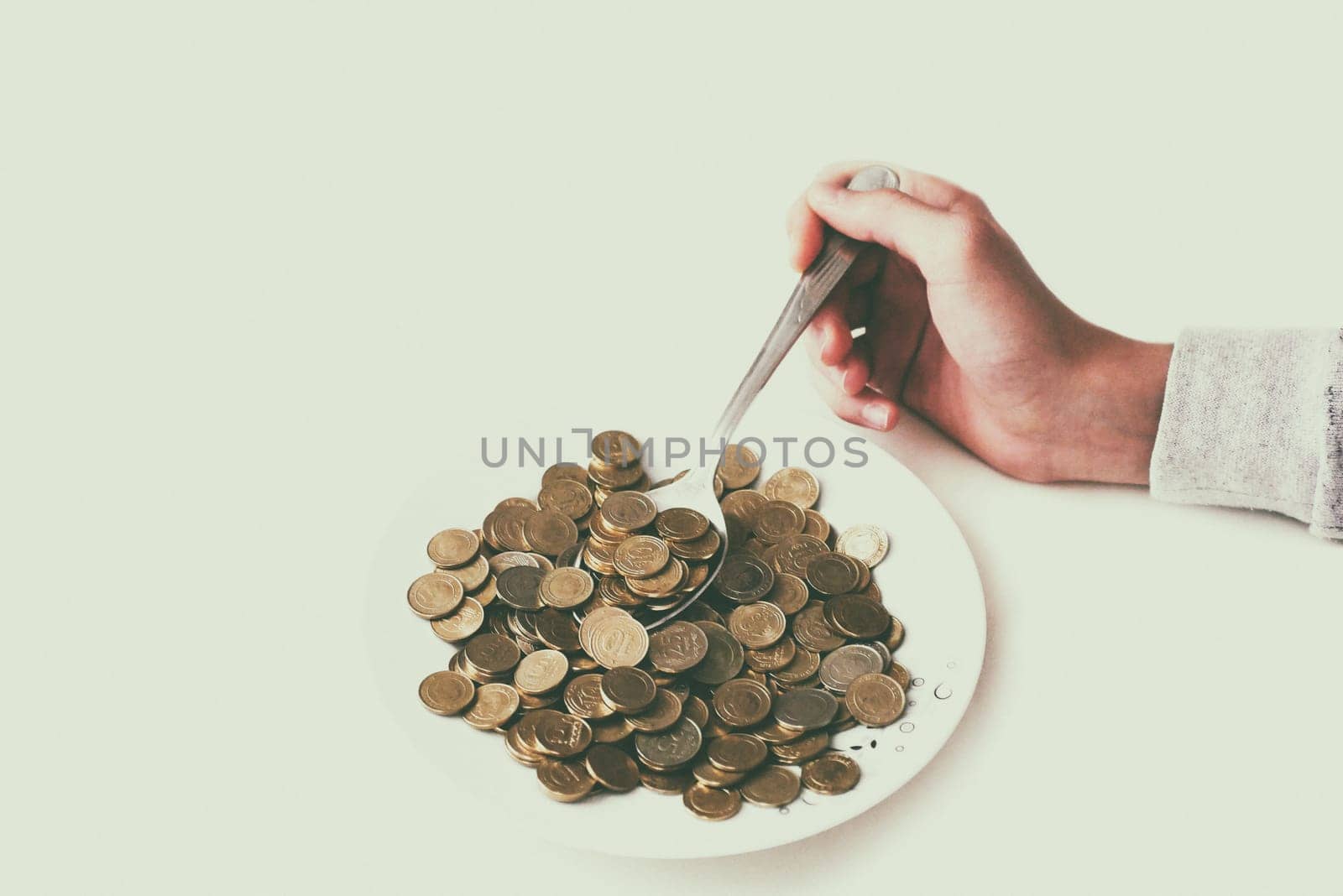 spend money,eating large amounts of coins and spoons,money on a dinner plate, a spoonful of turkish lira, coins in a plate by nhatipoglu