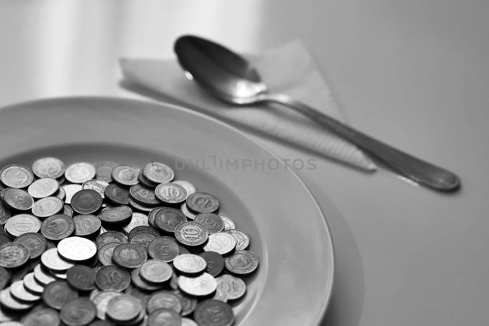 A plate full of coins on a table and a spoon next to it, eating money, concrete expression,