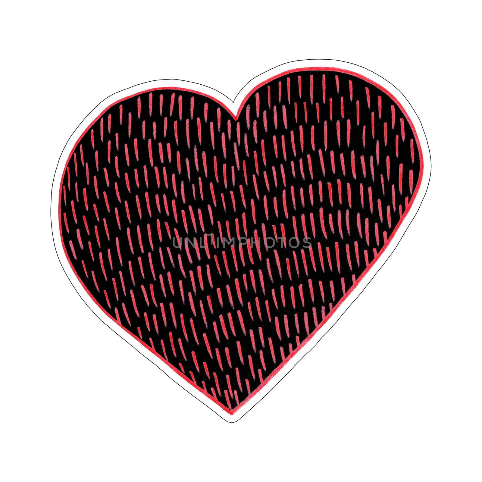 Red and Black Heart Sticker Drawn by Colored Pencil. The Sign of World Heart Day. Symbol of Valentines Day. Heart Shape Isolated on White Background.