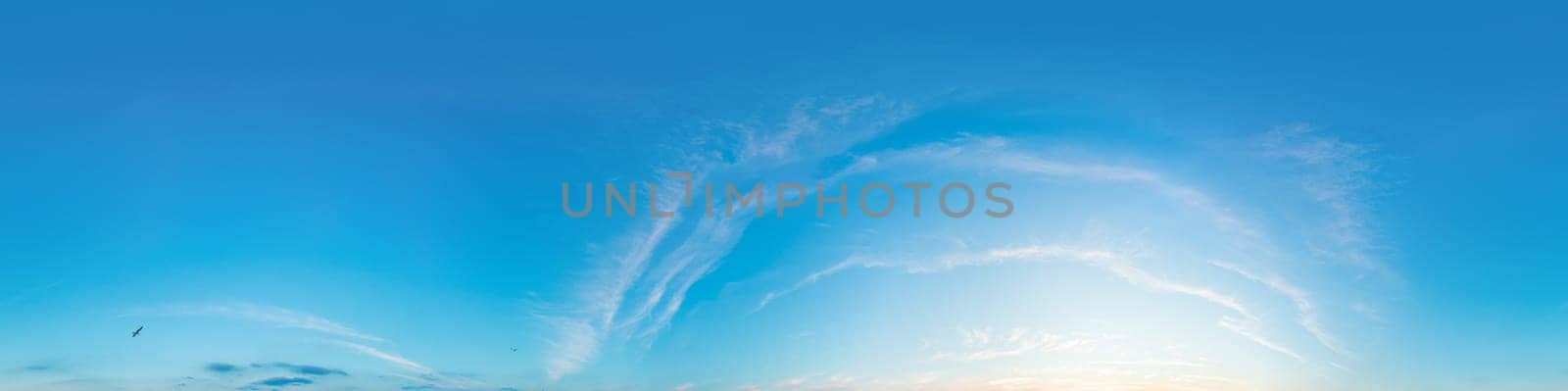 Sunset sky panorama with bright glowing pink Cirrus clouds. HDR 360 seamless spherical panorama. Full zenith or sky dome for 3D visualization, sky replacement for aerial drone panoramas. by Matiunina