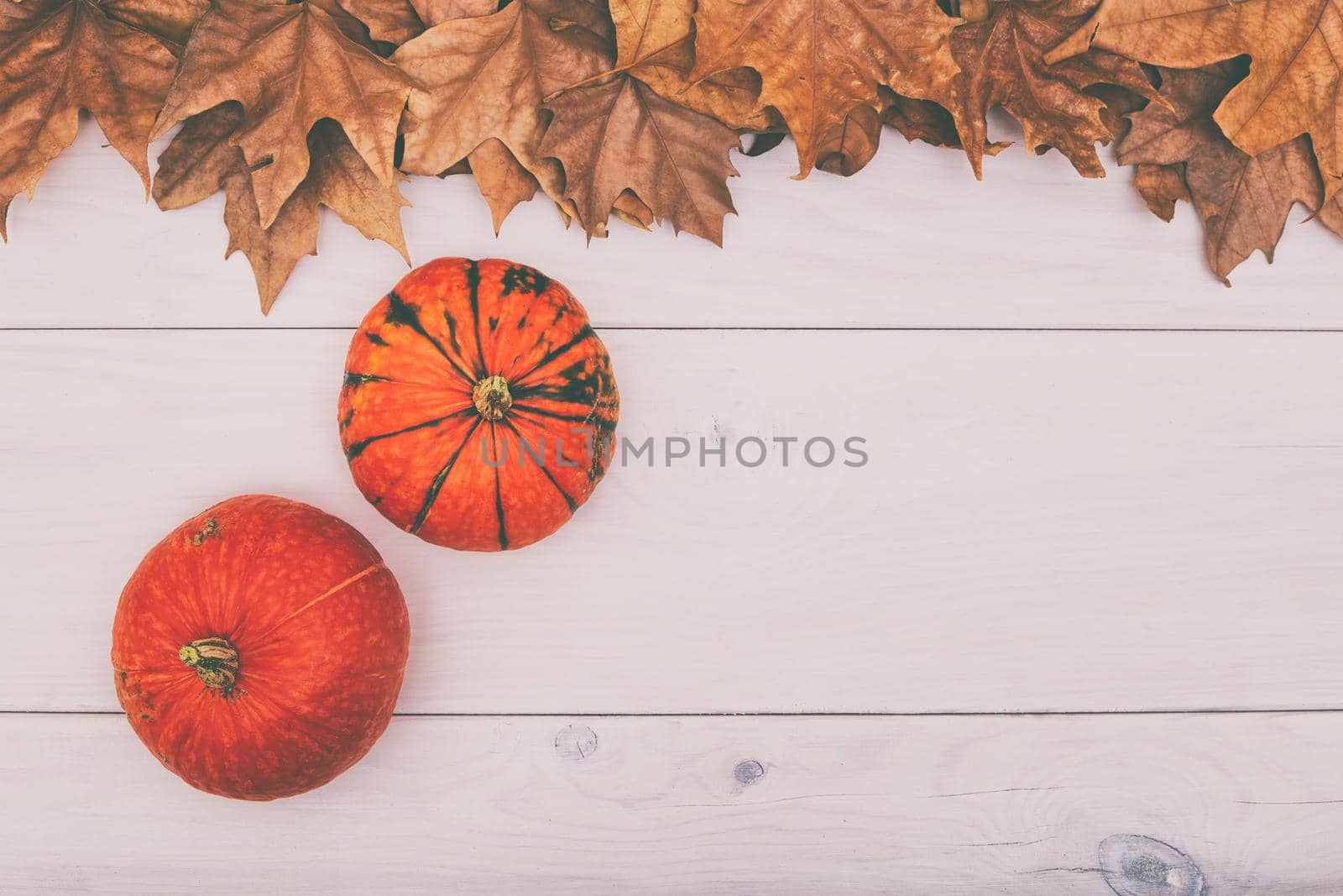 Image of pumpkins on wooden table with autumn leaves.Image is intentionally toned.