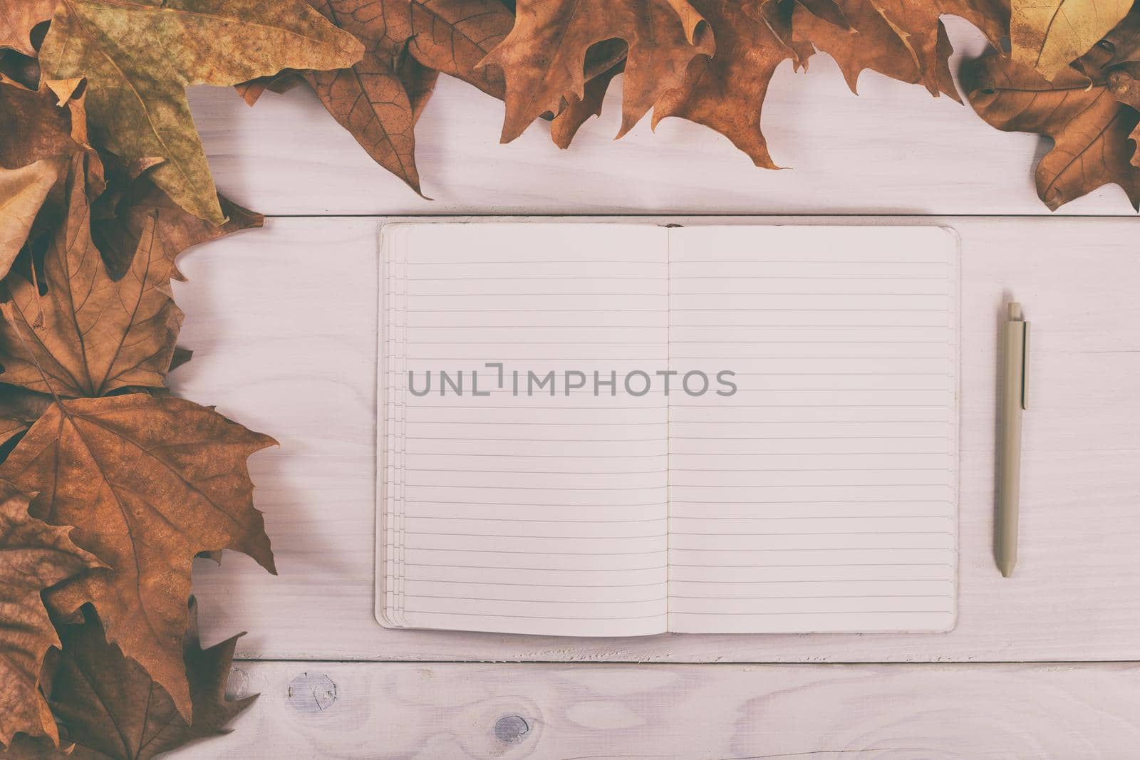 Empty notebook and pen on wooden table with autumn leaves.Image is intentionally toned.