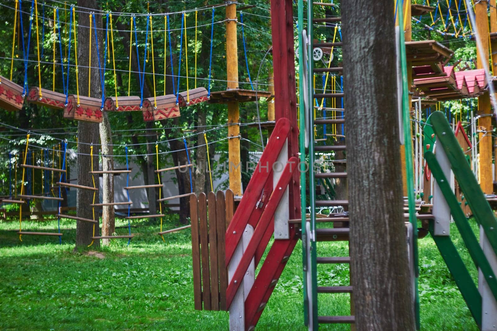 Photo rope town amusement park. Staircase and steps. Sports entertainment for children and adults.