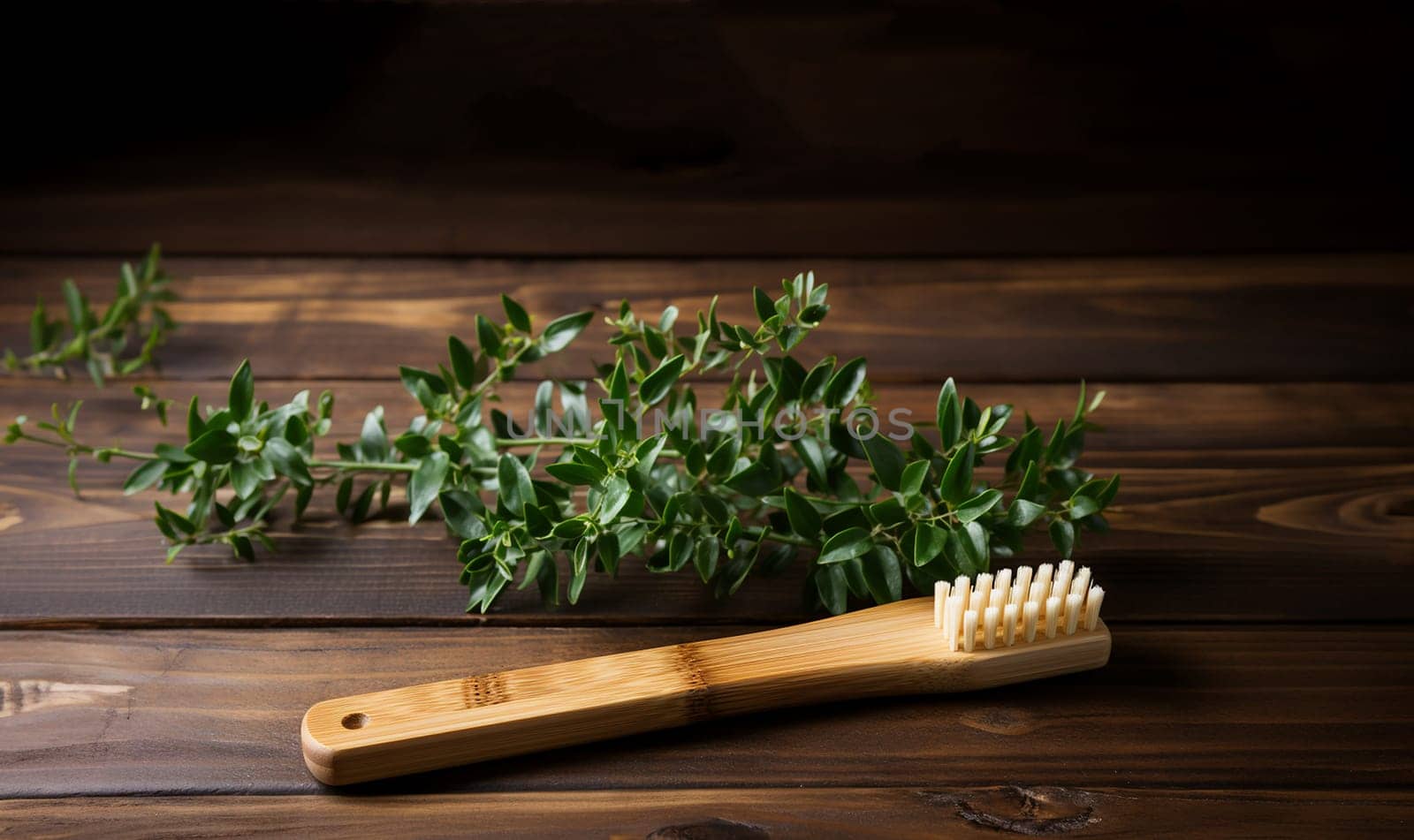 Eco-friendly bamboo toothbrushes and eucalyptus leaf on green background. Natural organic bathroom beauty product concept. Flat lay, top view, copy space. Natural bamboo toothbrush green background by Annebel146