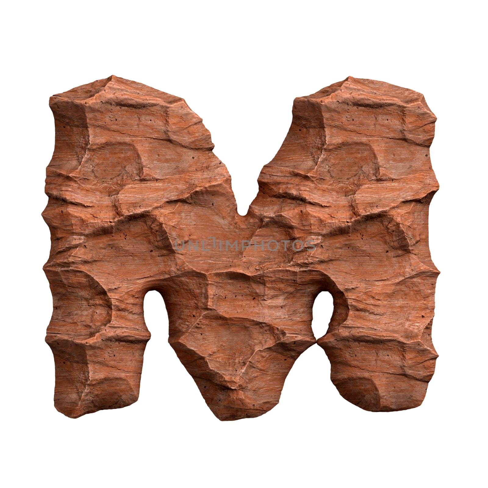Desert sandstone letter M - Upper-case 3d red rock font isolated on white background. This alphabet is perfect for creative illustrations related but not limited to Arizona, geology, desert...