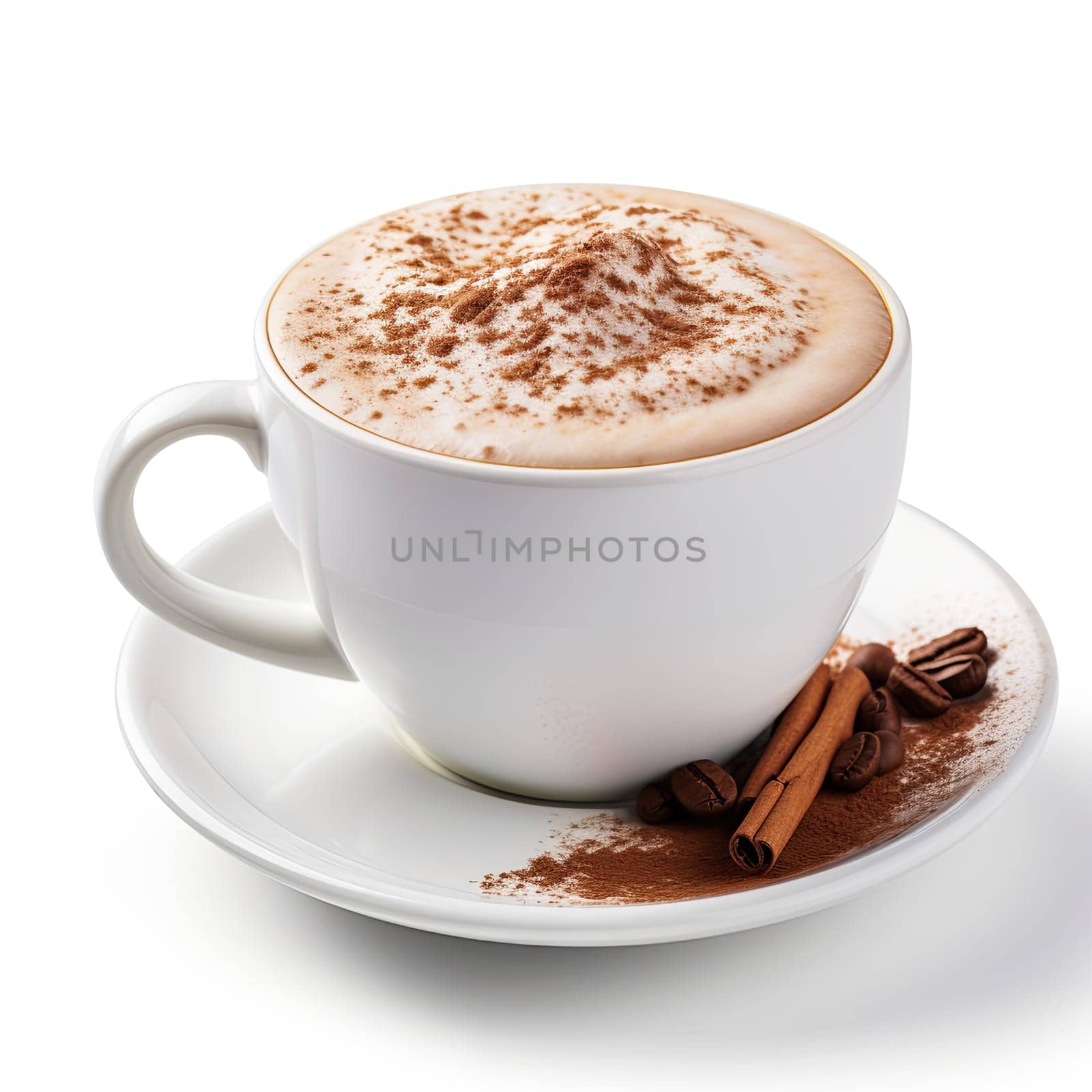 Close up shot of hot cocoa in white cup on white background.