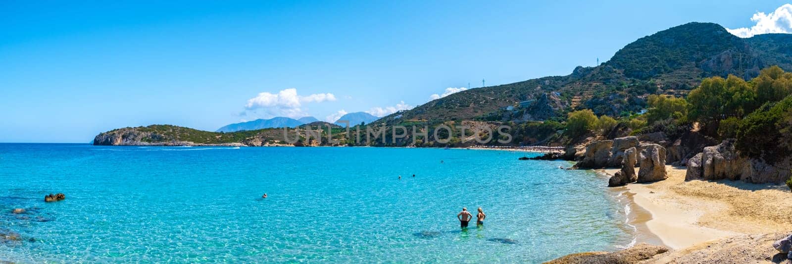 Voulisma Beach Istron Crete Greece, the most beautiful beaches of Crete island Istron Bay near Agios Nikolaos.