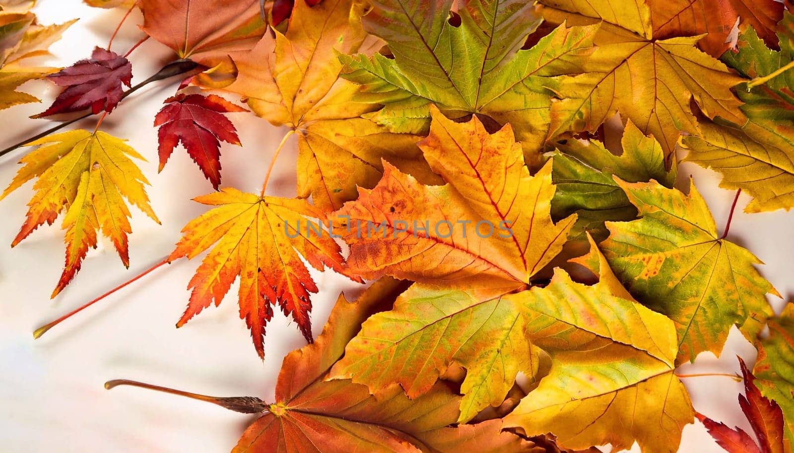 background with red, orange, brown and yellow falling autumn leaves.