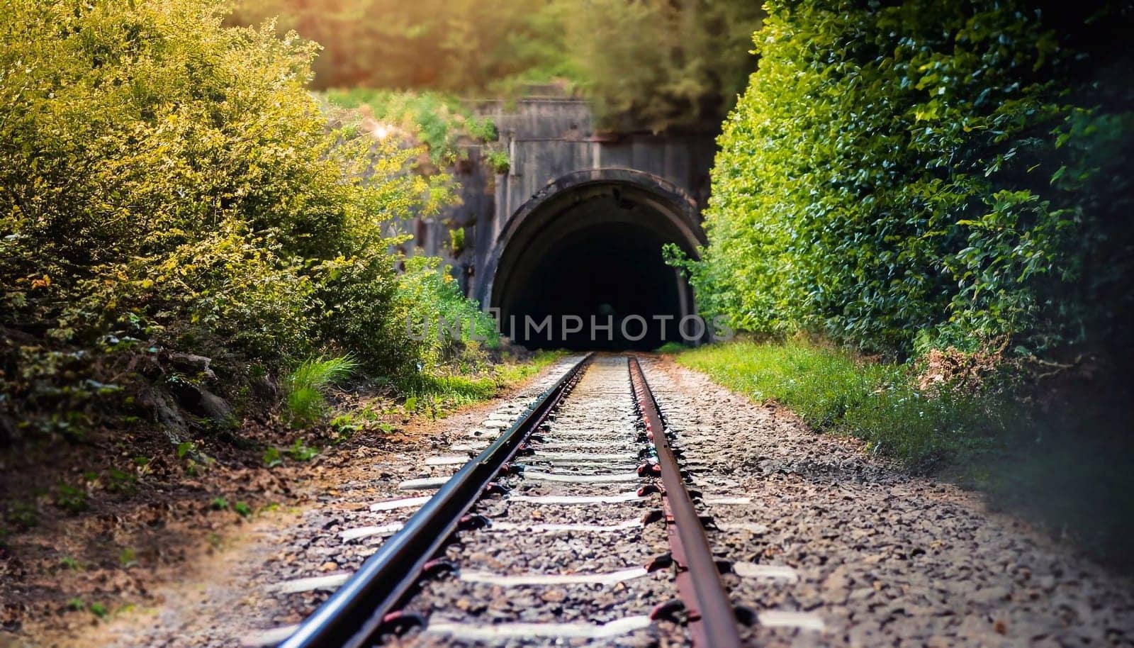 A beautiful shot of train rails surrounded by nature leading to the dark tunnel