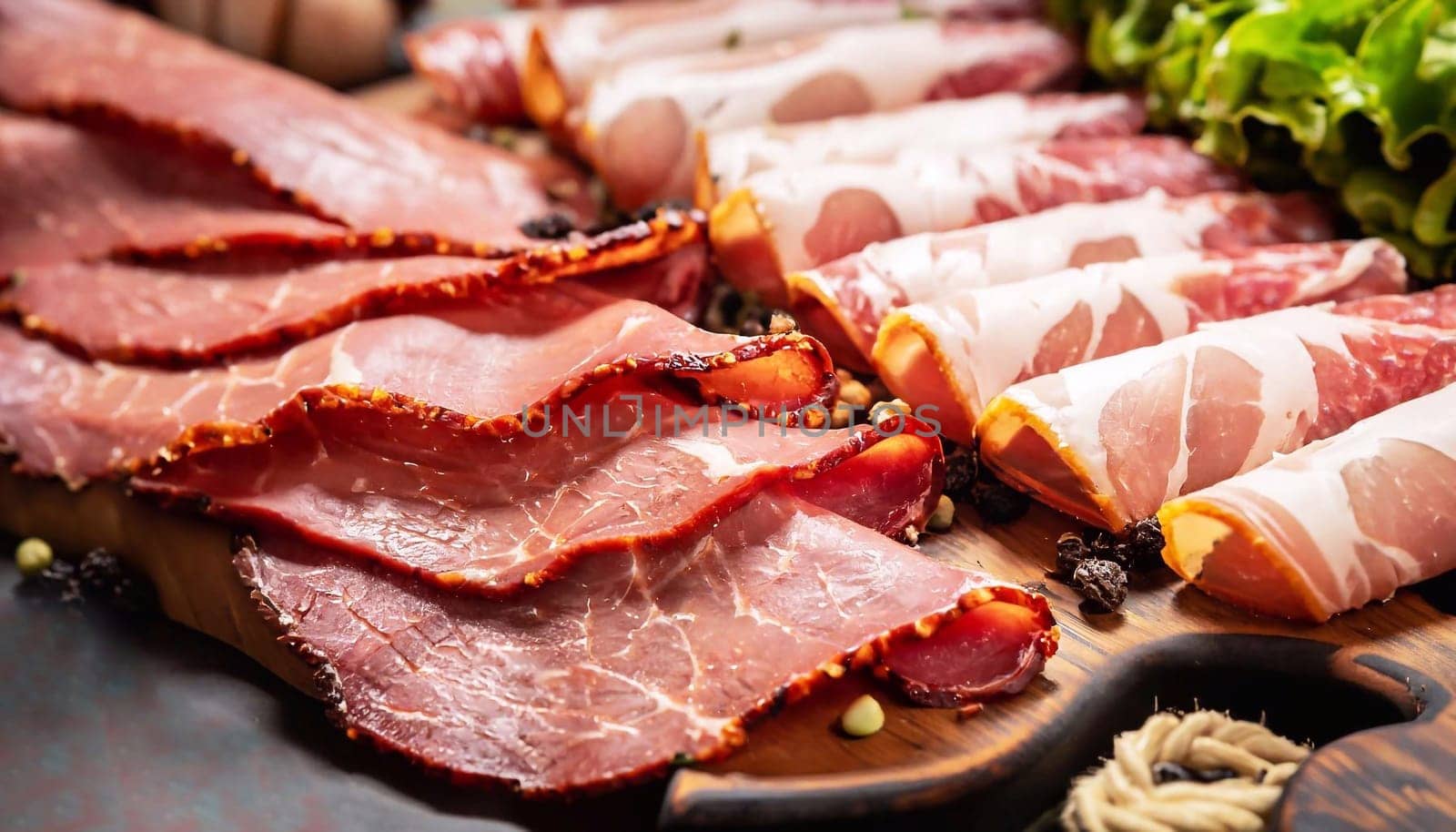 A closeup shot of white plate board cold cuts ready to serve with ham, different cheeses, olives, salami and chorizo.