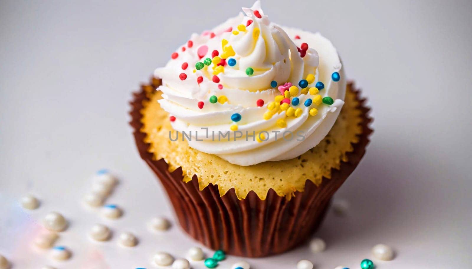 A closeup shot of a cupcake with white frosting and sprinkles on a white surface with a blurred background