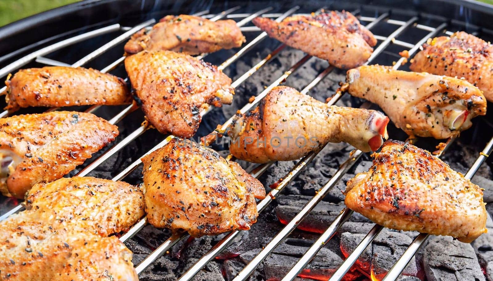 A closeup shot of grilling spiced chicken in a grid on charcoal bbq