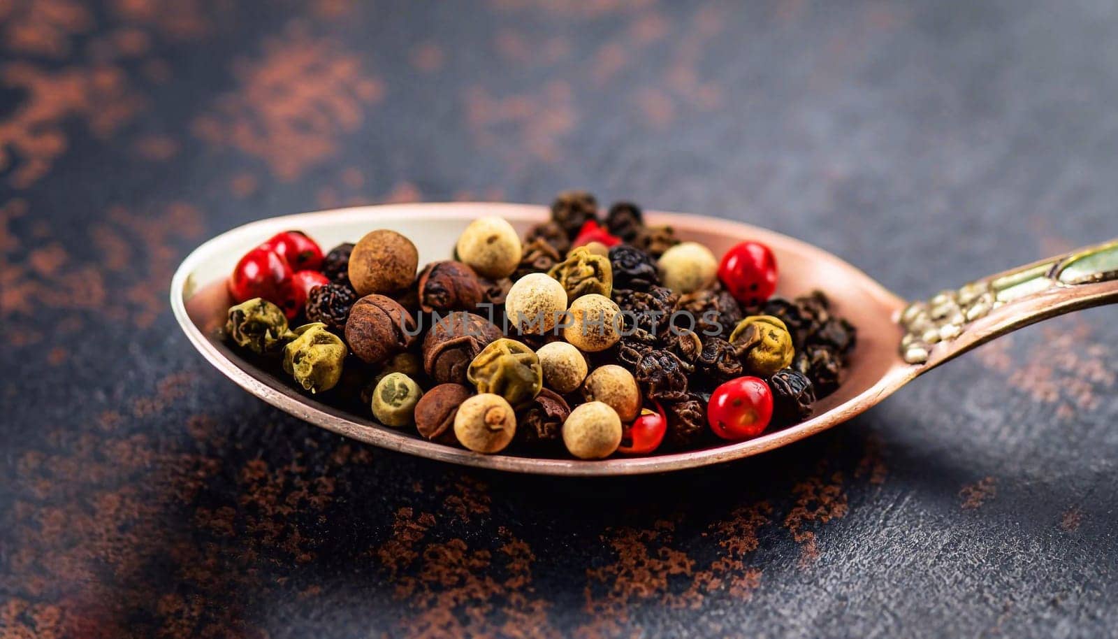 Macro shot of black, green, white and red peppercorn mix in a wooden spoon on a dark stone kitchen board. Shallow depth of field