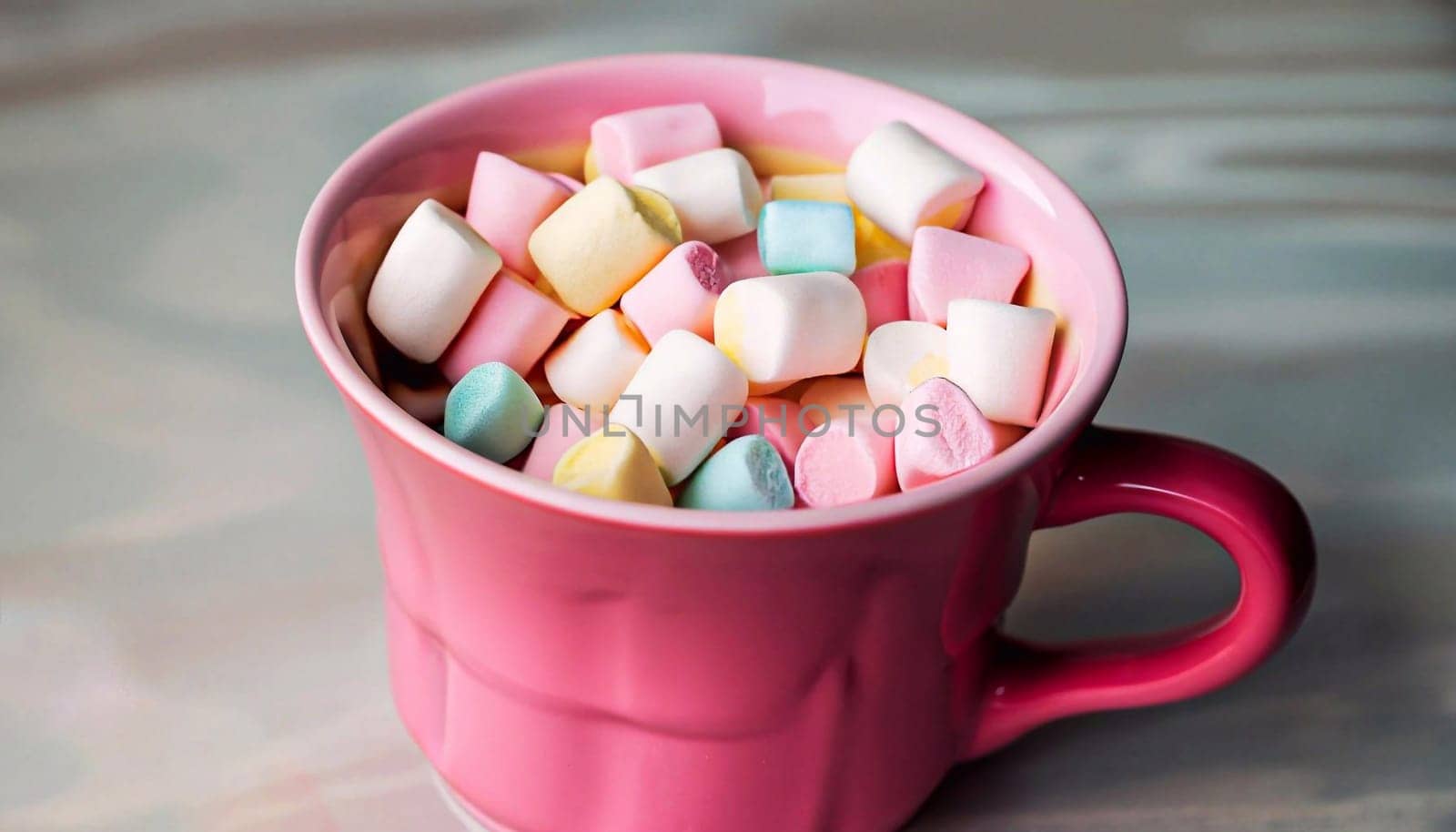 american pink cup with marshmallows on pink background top view