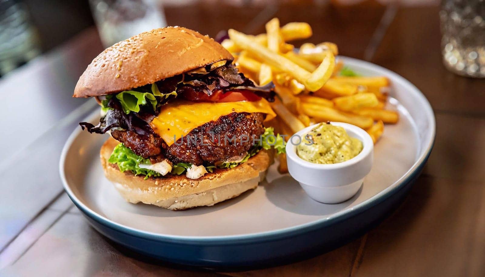 Plate with a gourmet burger and french fries at a restaurant by dec925