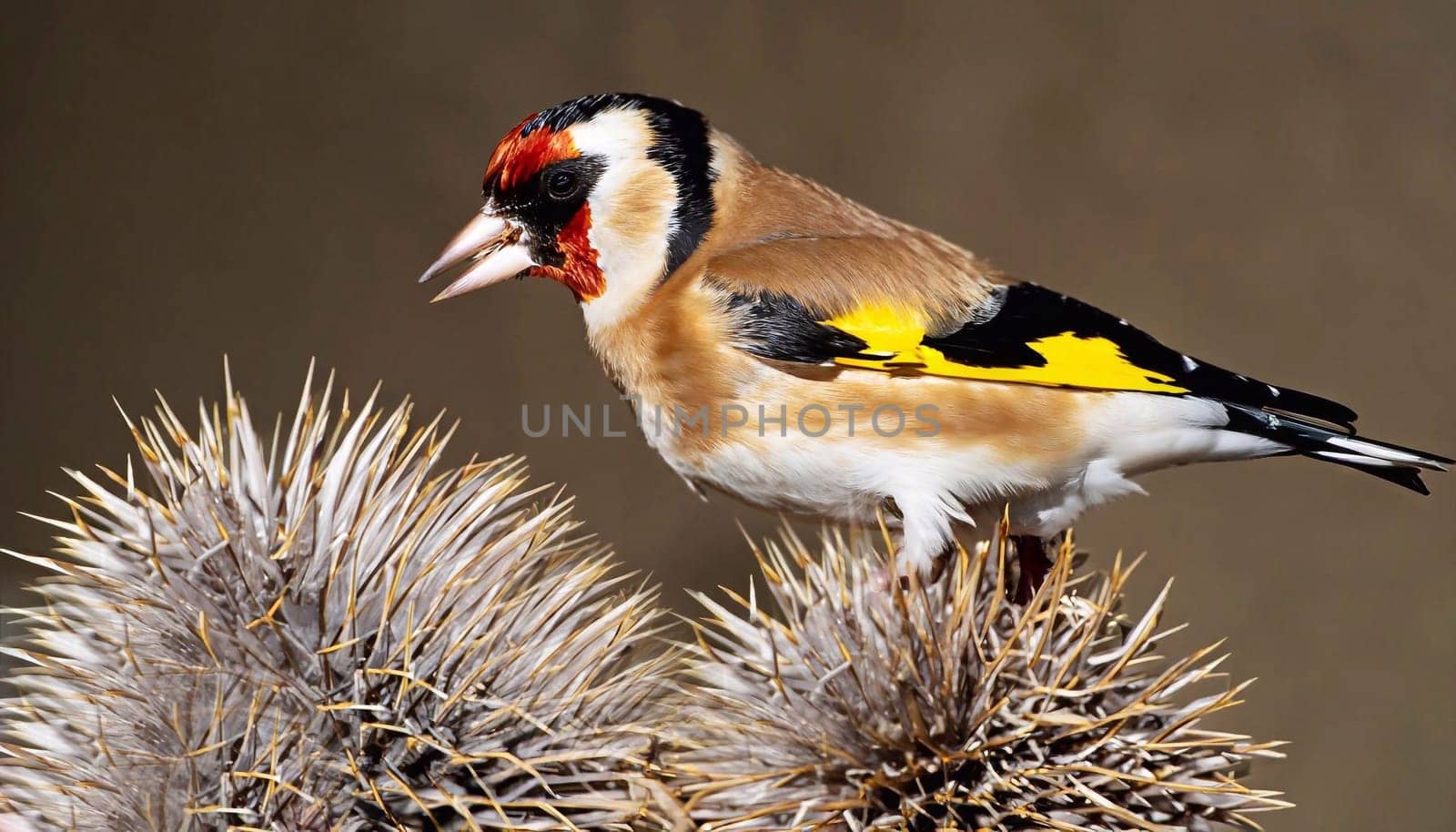 European goldfinch with juvenile plumage, feeding on the seeds of thistles. Juvenile European goldfinch or simply goldfinch, latin name Carduelis carduelis, Perched on a Branch of thistle