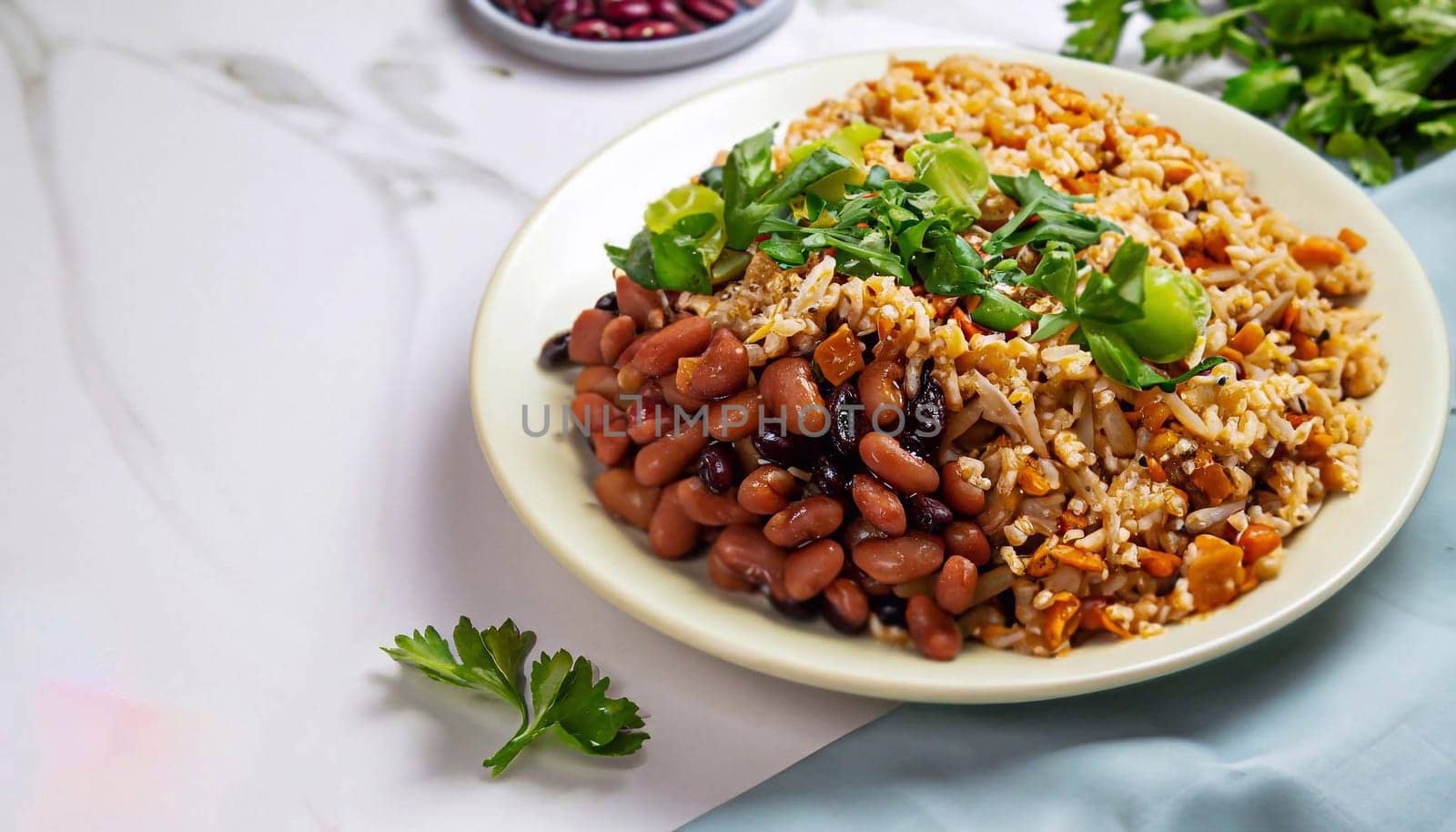Rice and beans garnished with greens in a plate on a white marble serving table by dec925