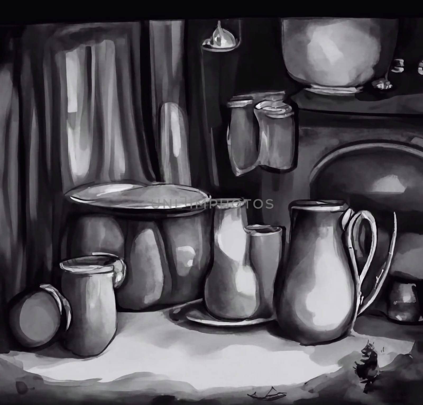 still life image with pots and jugs drawn in charcoal by dec925