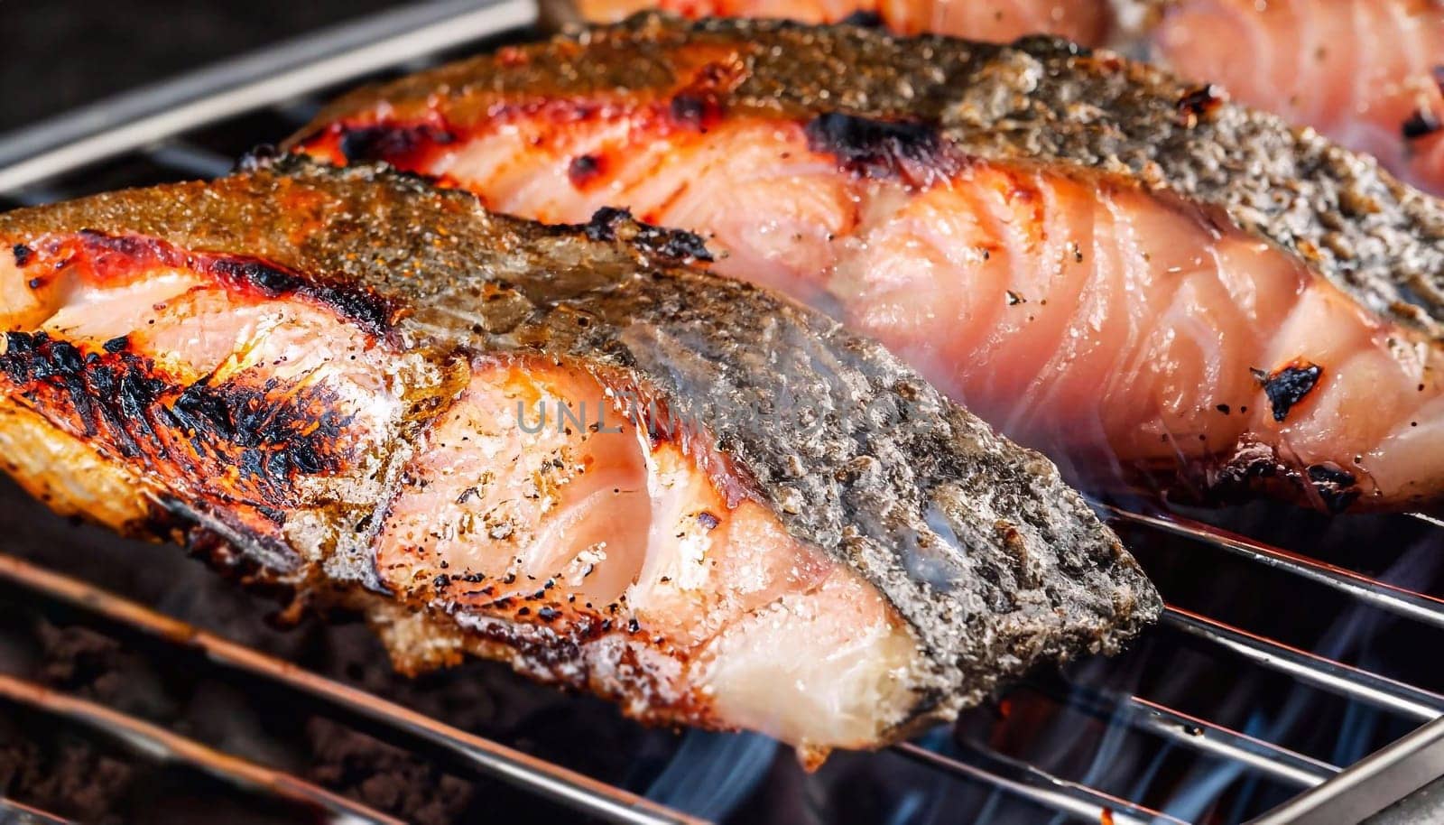 Grilled salmon and salad on wooden table. Top view