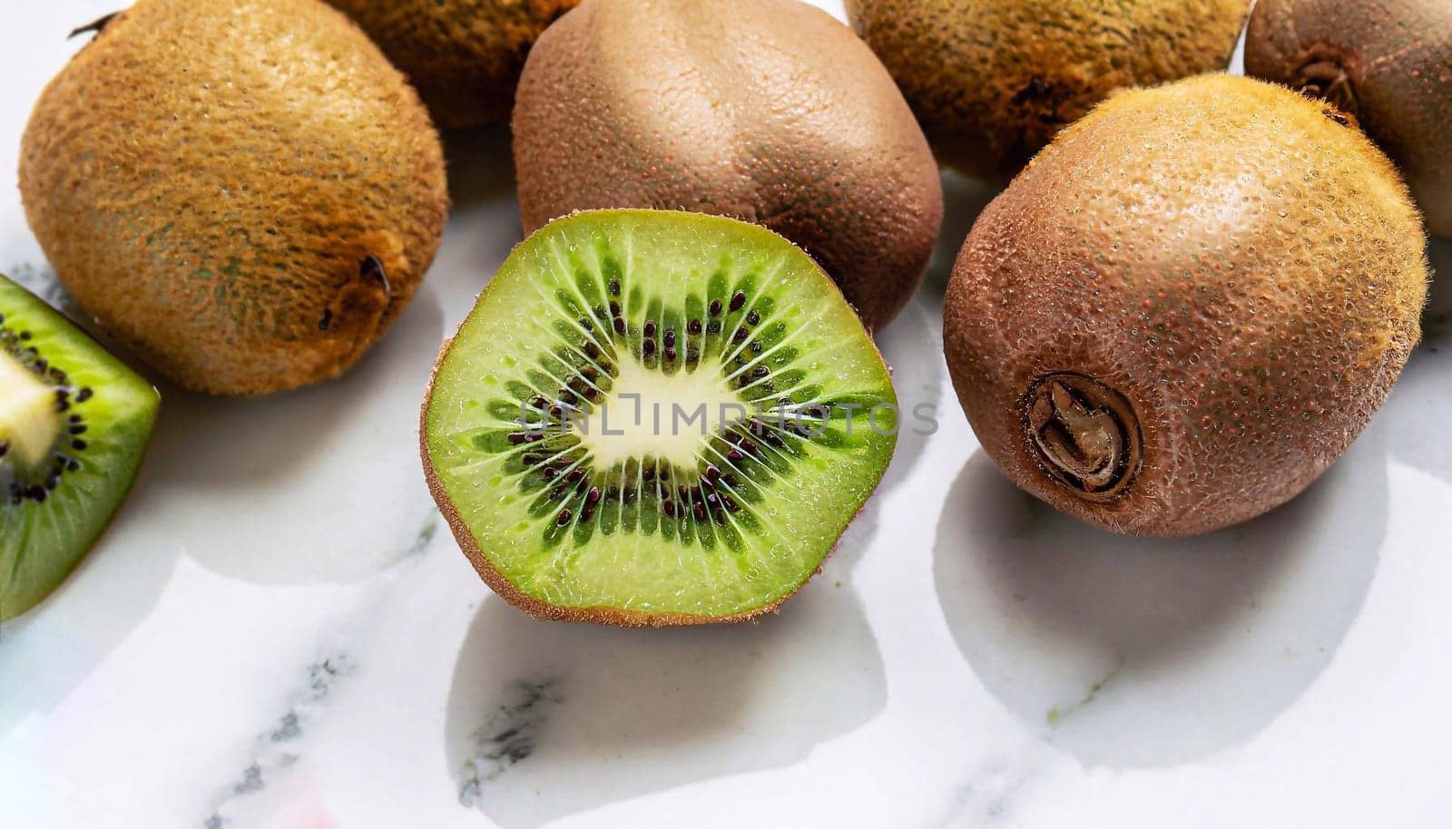 Whole and halved fresh juicy kiwi on large palm tree leaf background with free text copy space. Organic superfood concept for healthy eating