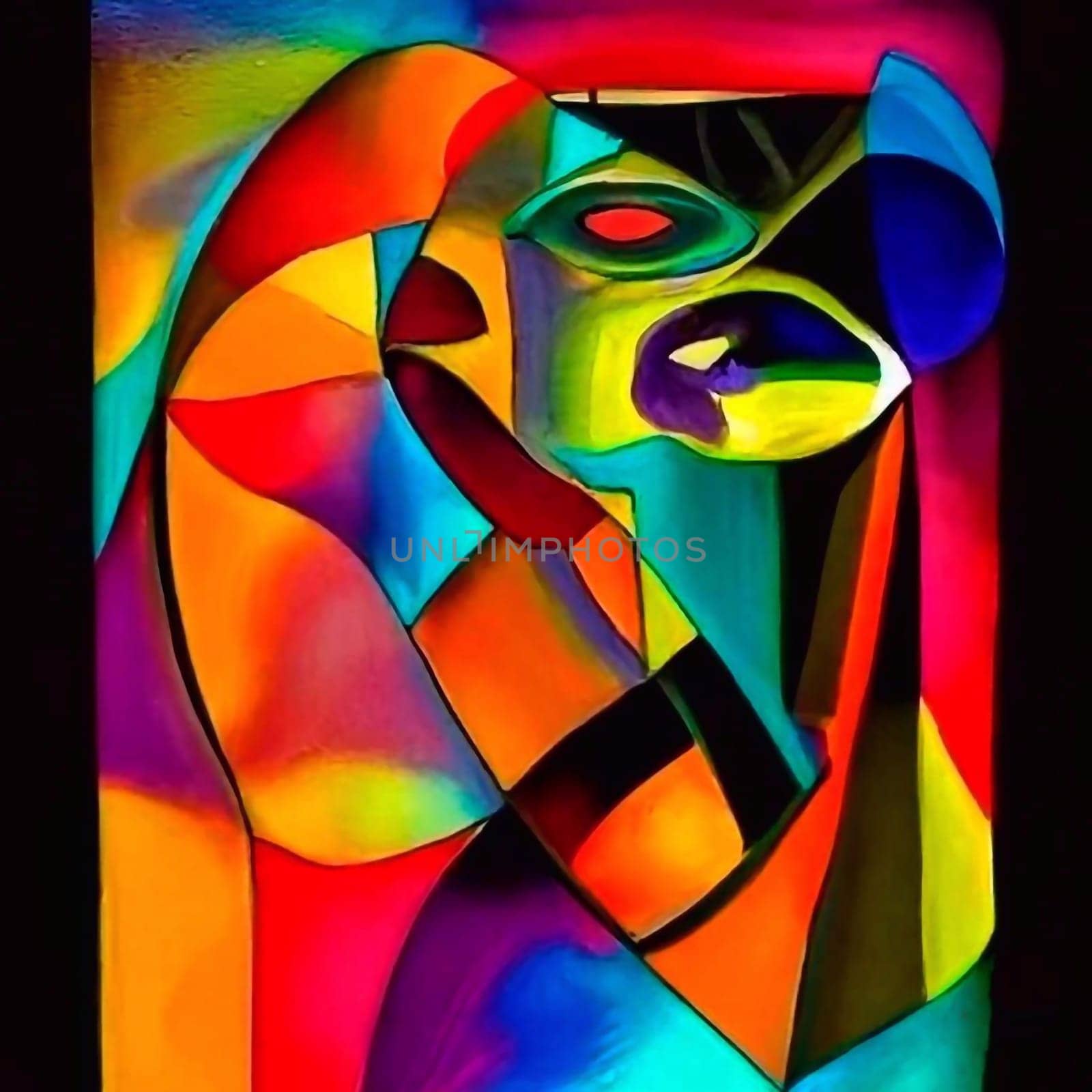 illustration of portrait playing basketball in abstract cubism style with cubist face, colorful abstract cubism