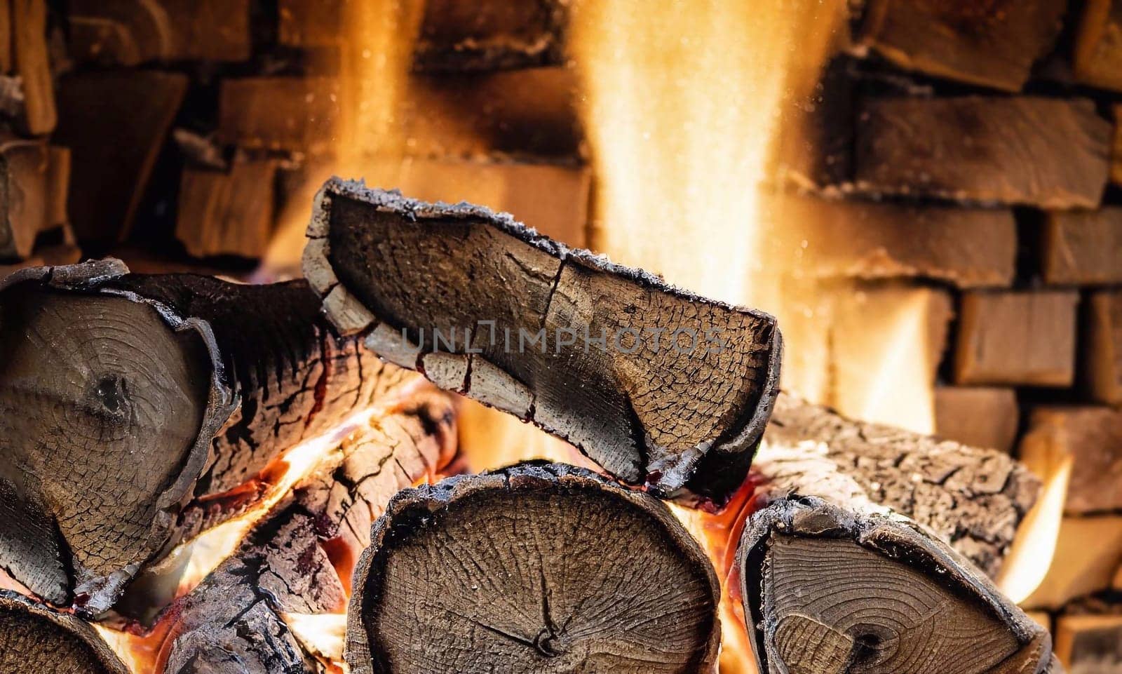 Burning firewood in fire-box of fireplace in country cottage. Rustic cooking oven with burning logs.