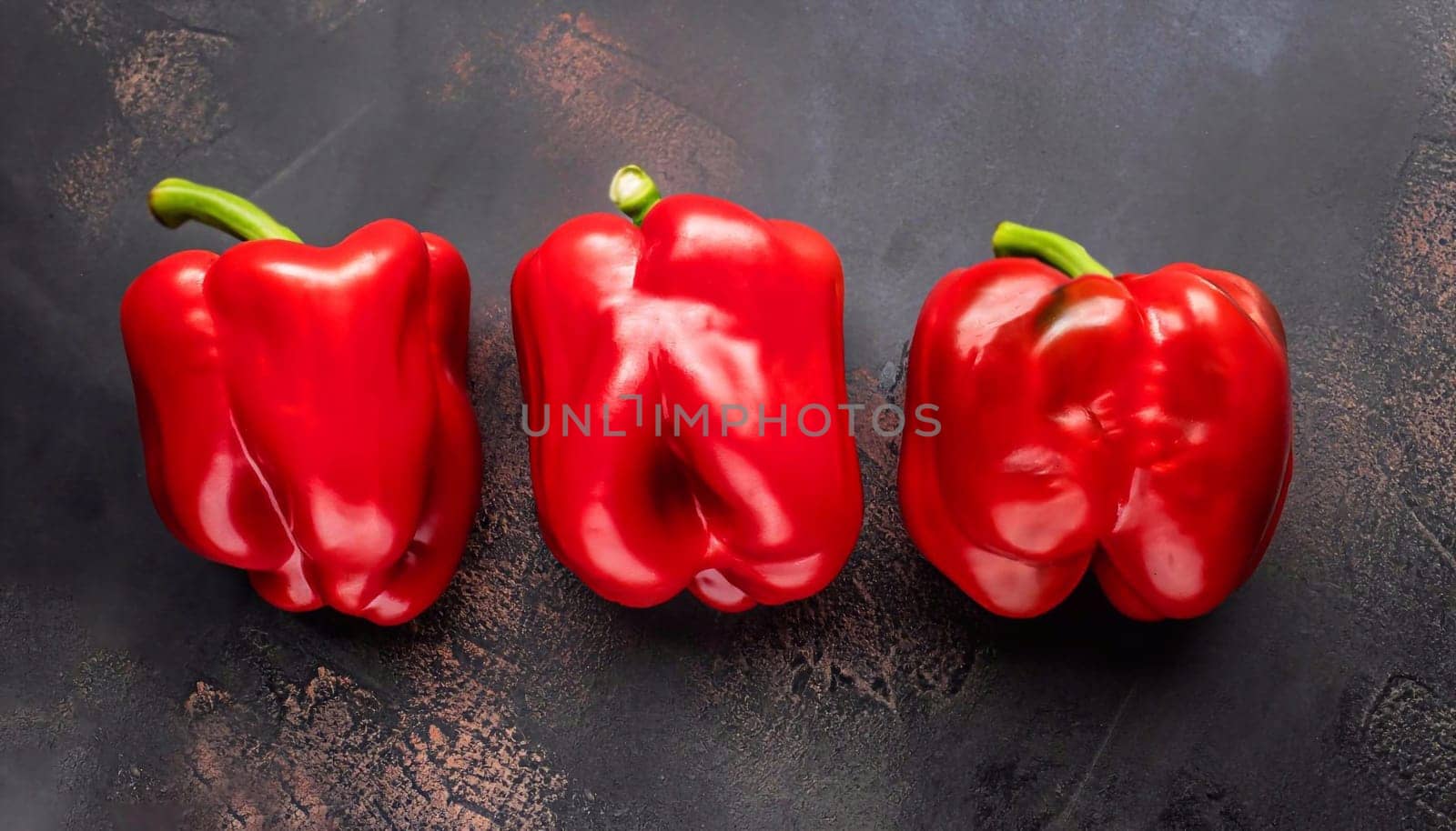 Sweet red and yellow peppers, whole top view dark background, with space to copy text.