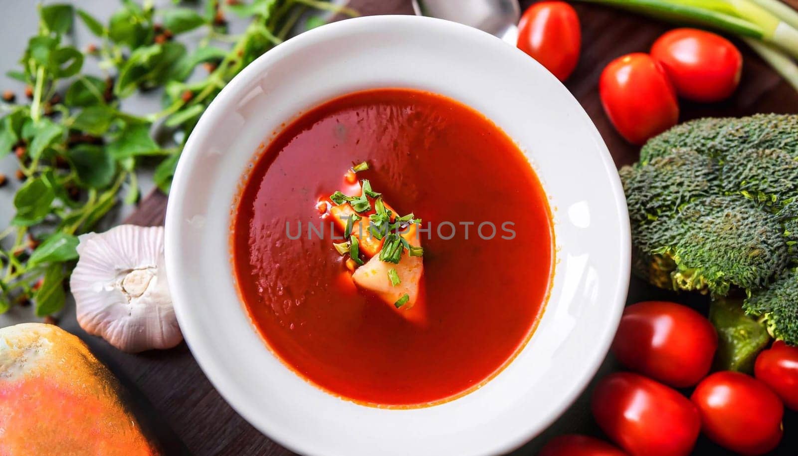 Wholesome taco chicken soup served with tortilla chips utilizing a warm color palette