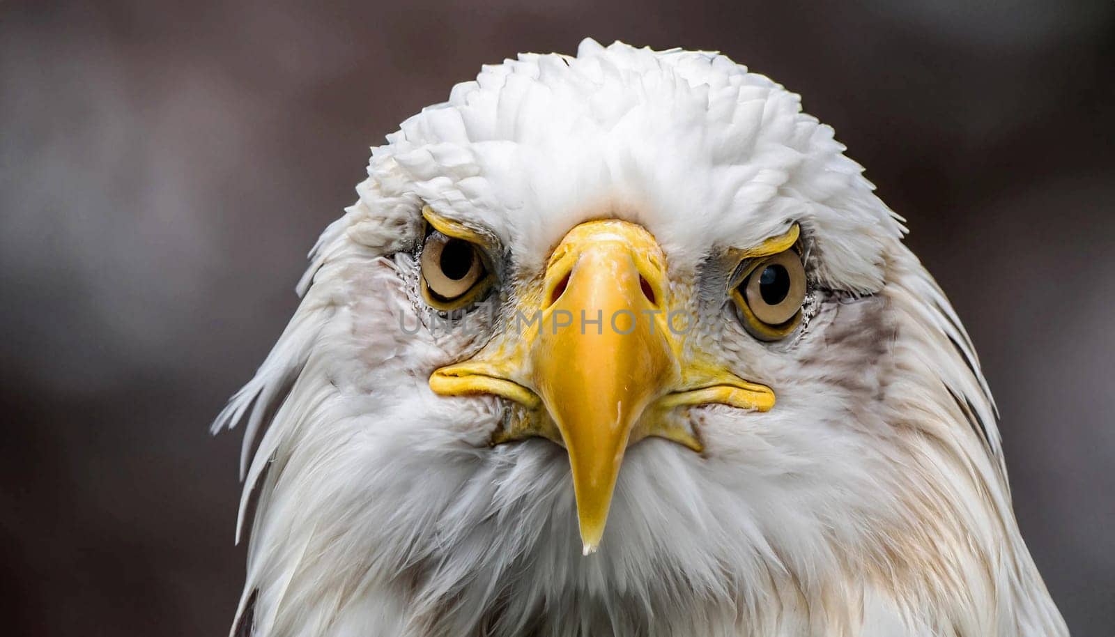 Blur photo of an eagle with black, brown, and white feathers with yellow eyes and a sharp yellow beak