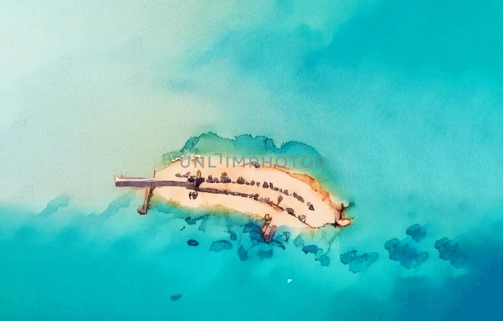 Palm trees on the beach vector illustration. Seascape watercolor picture. Vacation picture. Tropical style. Colorful ocean landscape for design or greeting card.