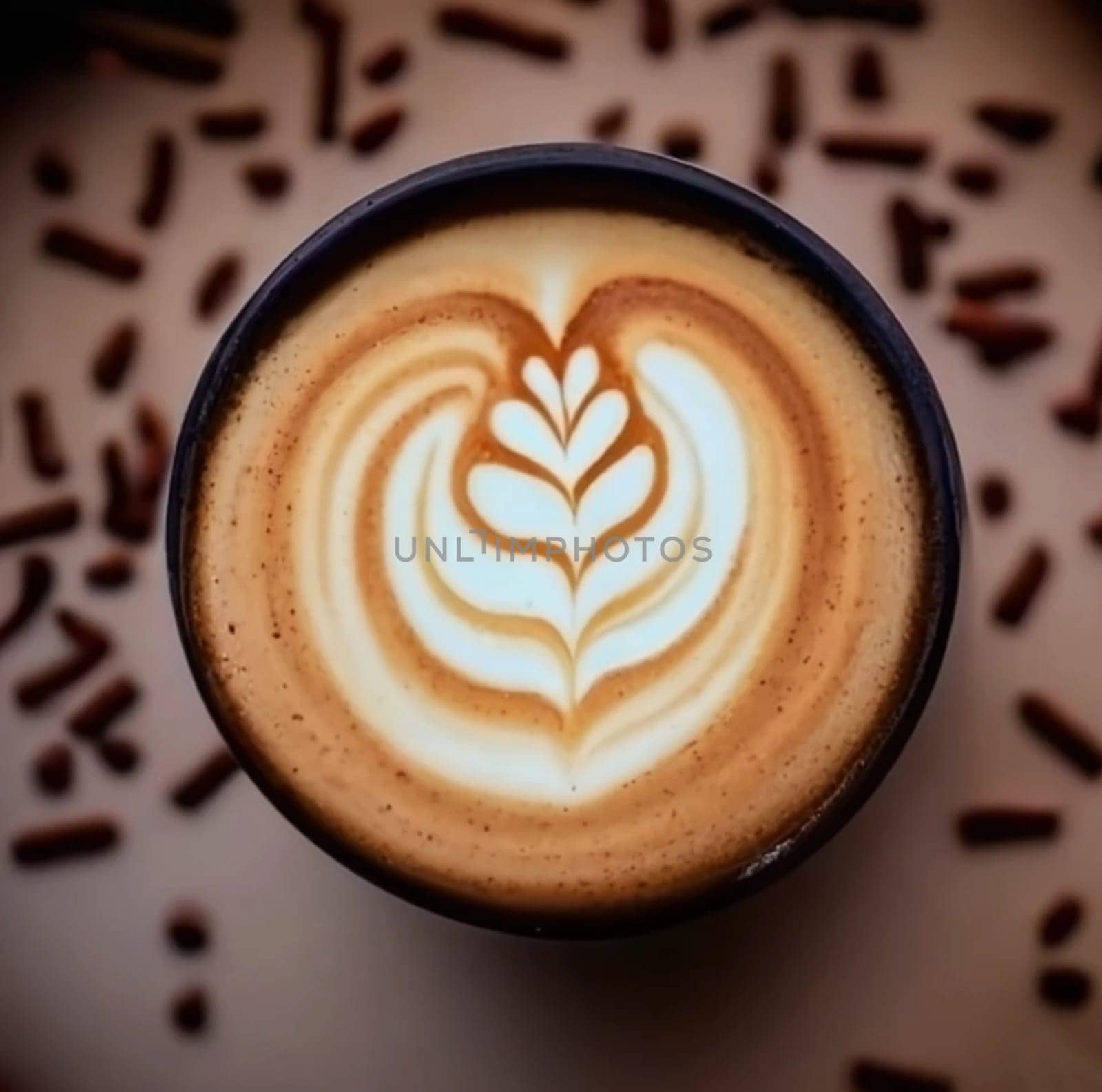 Beautiful foam design on a cappuccino in a white cup on a wooden table
