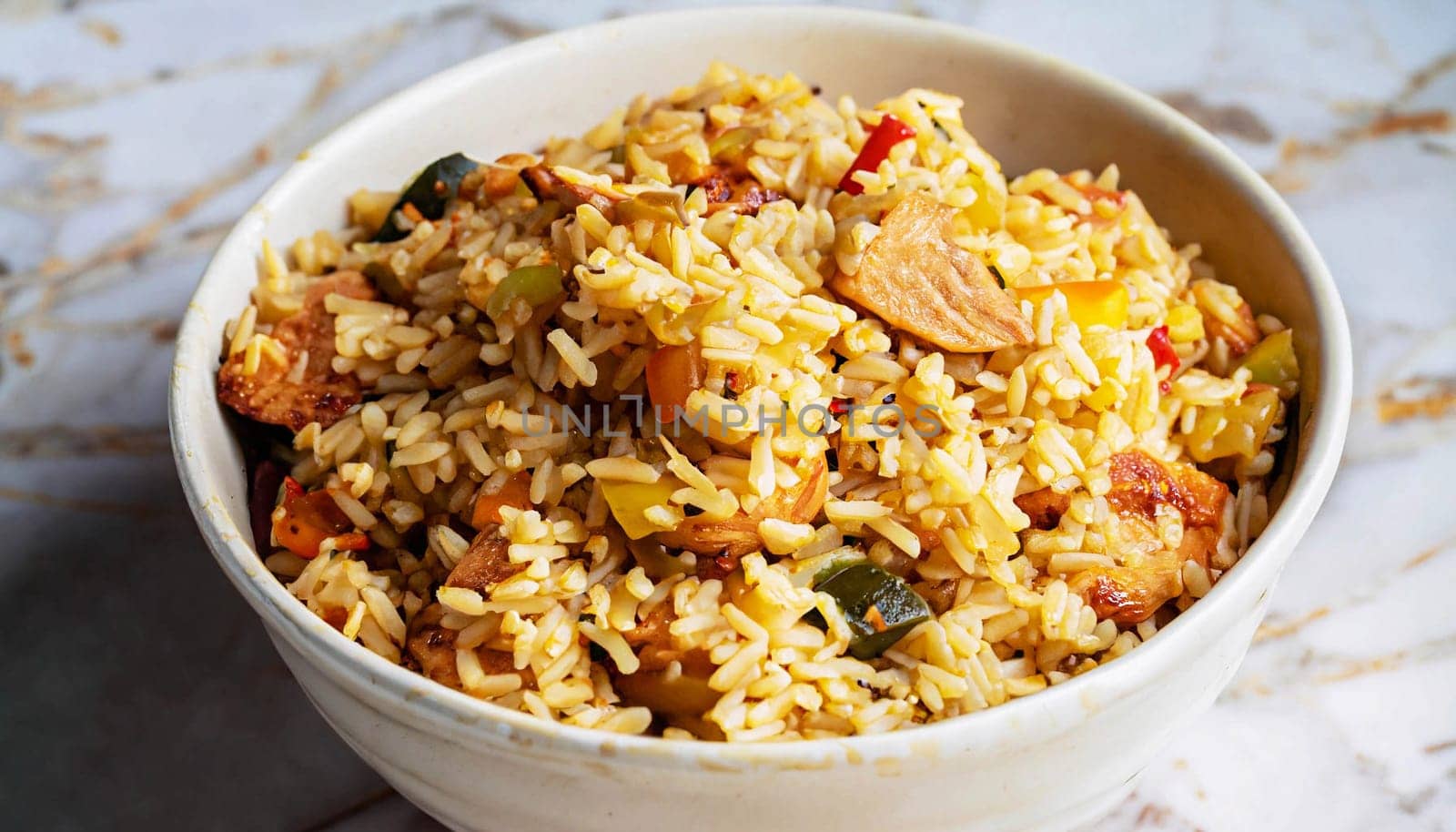 Chicken biryani Spicy Indian Malabar biryani Hyderabadi biryani, Dum Biriyani pulao golden bowl Kerala India Sri Lanka Pakistan basmati rice mixed rice dish with meat curry Ramadan Kareem, Eid