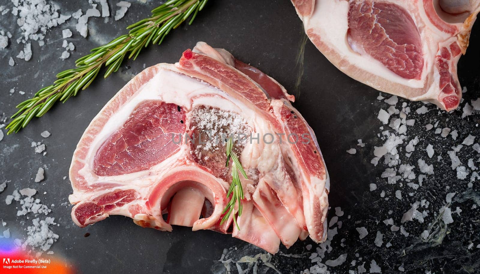 macro photo of sliced lamb carcass on black marble with sea salt crumbs and rosemary sprig by dec925