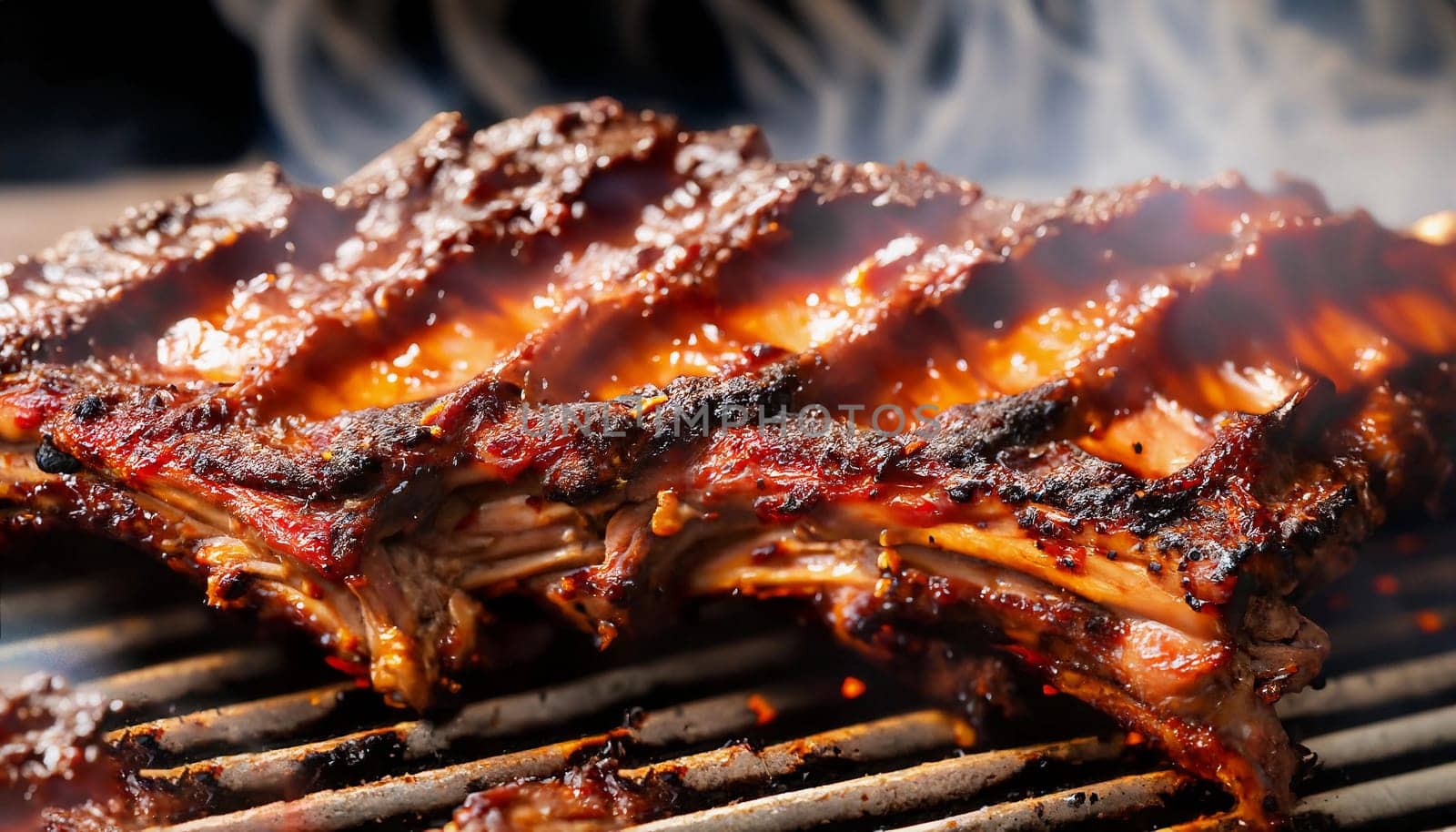 Smoked beef rib placed on a white plate with copy space and slightly dark background
